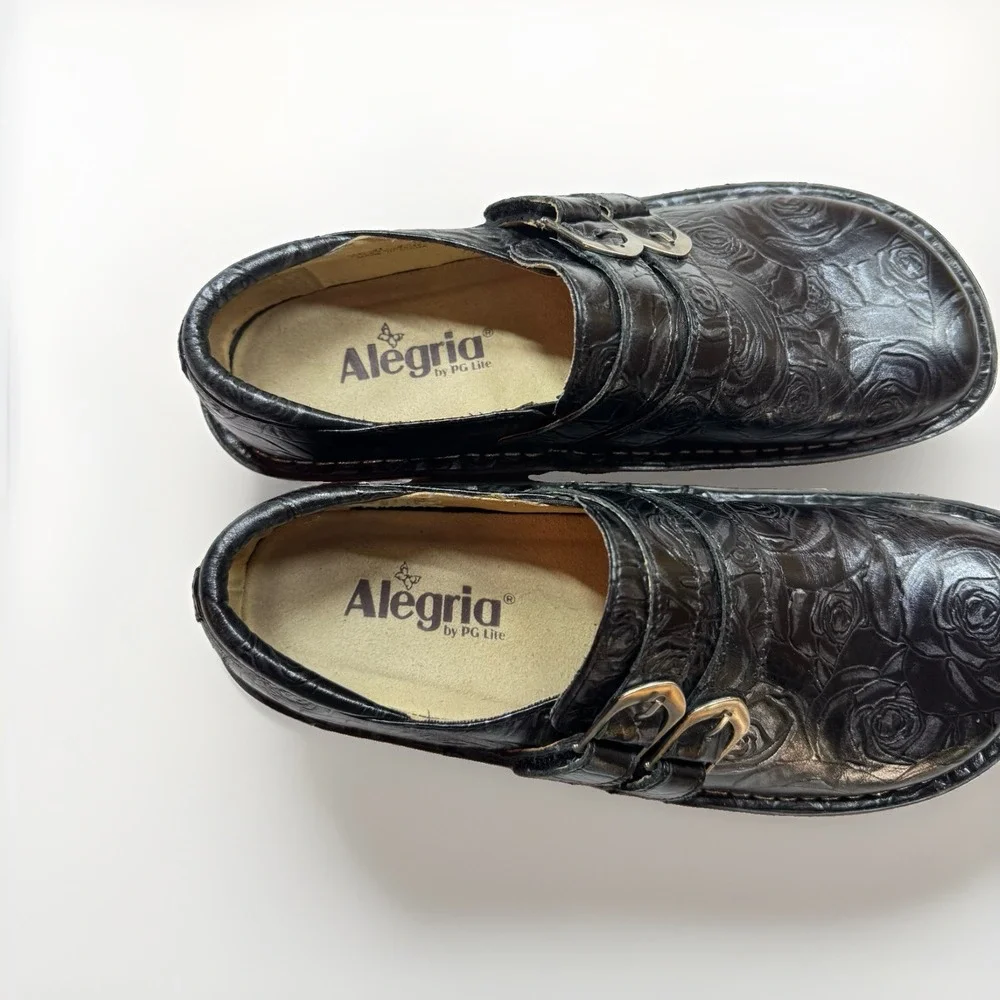 Alegria Alli Black Embossed Rose Leather Slip Ons, Euro Size 38 US Size 8-8.5